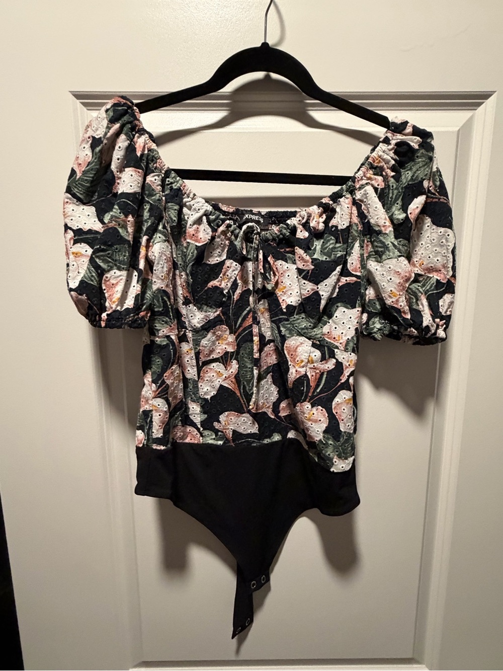 Express Black Floral Puff-Sleeve Bodysuit with Pink & Green Accents